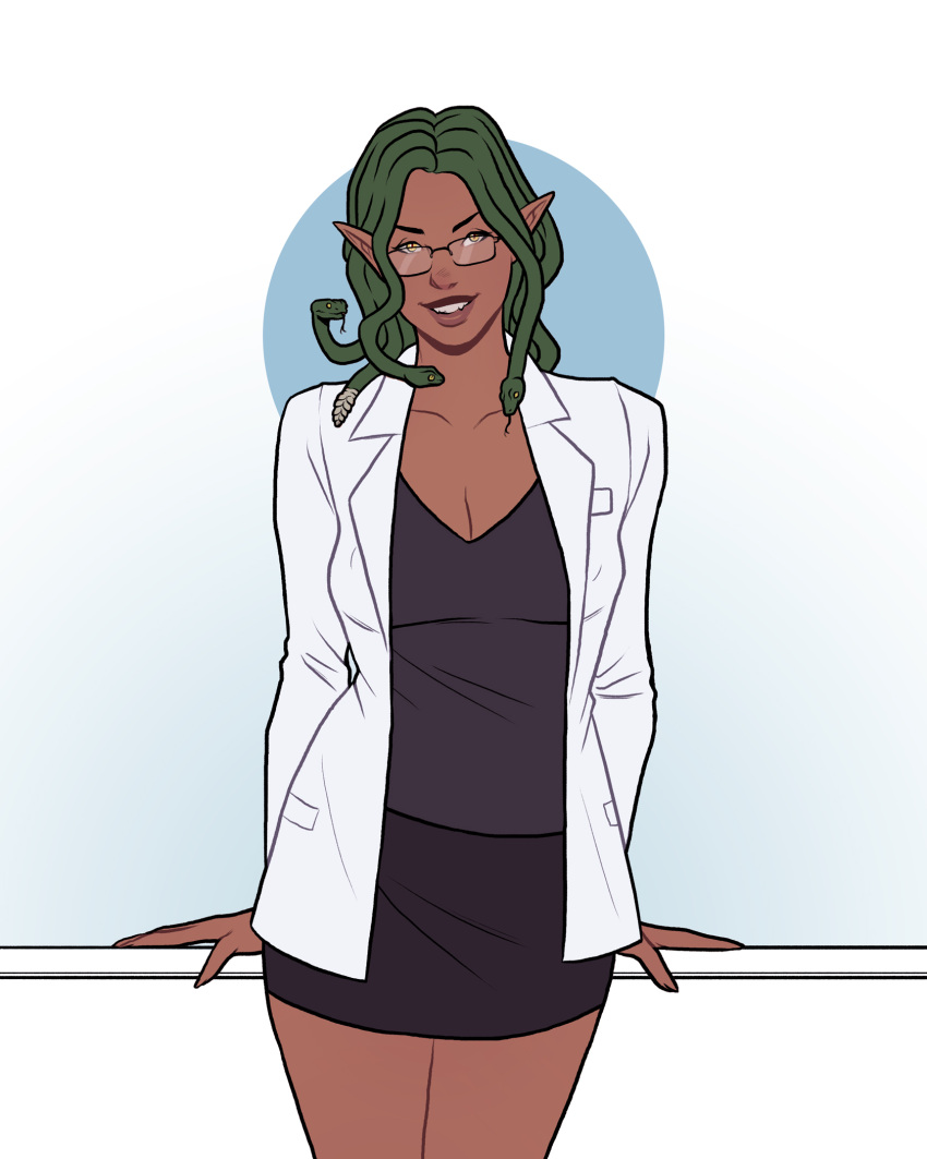 1girls cleavage dark-skinned_female dark_skin glasses gorgon green_hair labcoat numitor pointy_ears scientist shirt short_hair skirt snake_hair solo