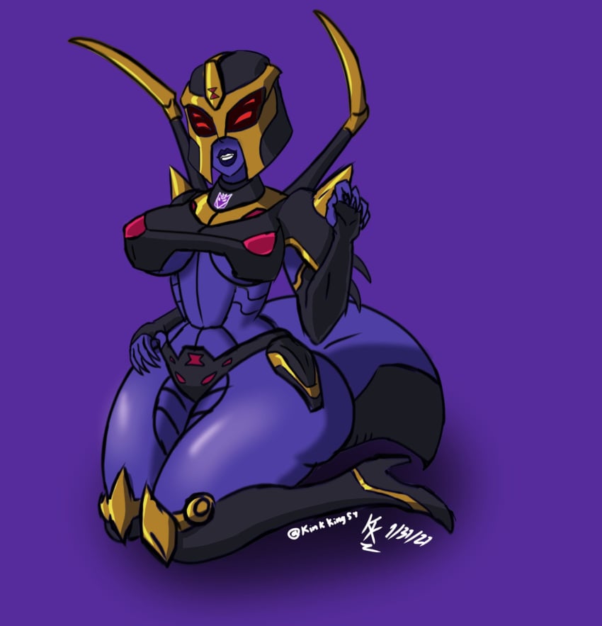 alien_girl big_breasts bikini blackarachnia deception female grin helmet kinkkingdom purple_skin red_eyes robot robot_girl sitting thick_thighs transformers transformers_animated