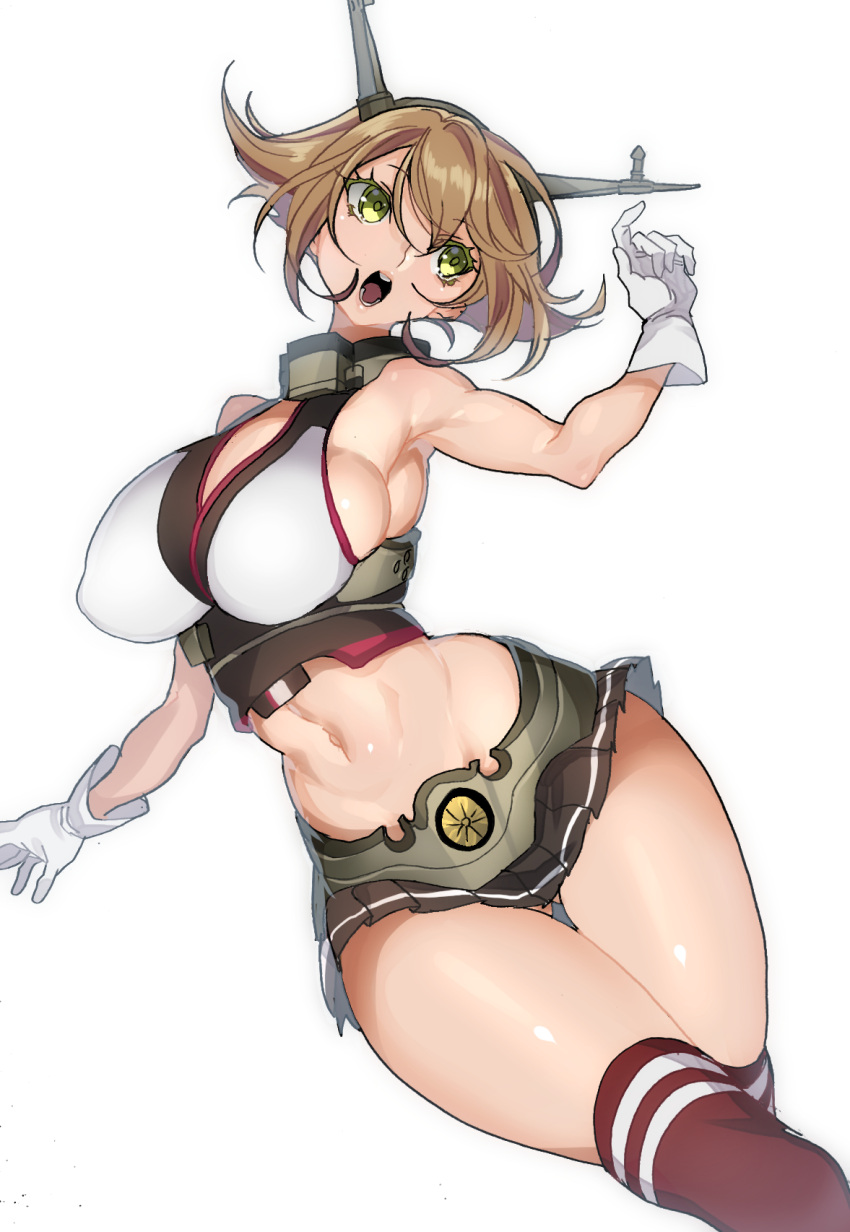 ass_visible_through_thighs breasts brown_hair cleavage covered_nipples female gloves green_eyes headgear highres hohehohe huge_breasts kantai_collection midriff mutsu_(kantai_collection) navel open_mouth red_legwear short_hair simple_background solo teeth thighhighs white_background white_gloves