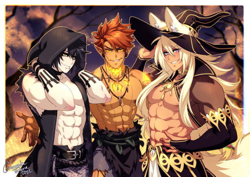 3boys abs ambush_(trap) animal_ears crescentia darius_(laosmut) halloween halloween_costume hat looking_at_viewer male male_only muscles muscular_male navel nipples pecs sethos_(deathblight)