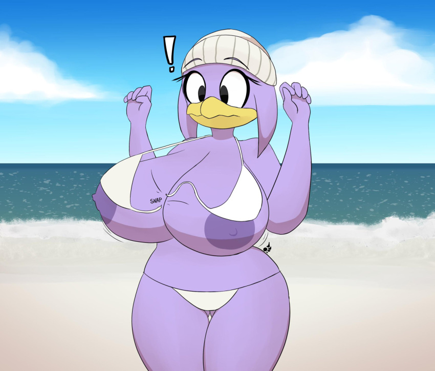 anthro areola avian beach big_areola big_breasts bird breasts cloud female fur hi_res hsp original_character purple_body purple_fur sand sea seaside sega small_bikini snap solo sonic_(series) sonic_riders surprised_expression water