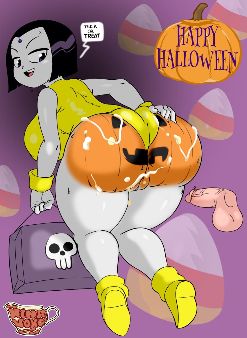 1boy 1girls ass ass_focus barely_clothed black_hair bodypaint boots cartoon_network creamygravy cuffs cum cum_in_ass cum_in_pussy cumshot dat_ass dc dc_comics dialogue female halloween lady_legasus leotard male partial_male pumpkin_butt purple_eyes rachel_roth raven_(dc) sleeveless speech_bubble teen_titans teen_titans_go text text_box waistband yellow_boots