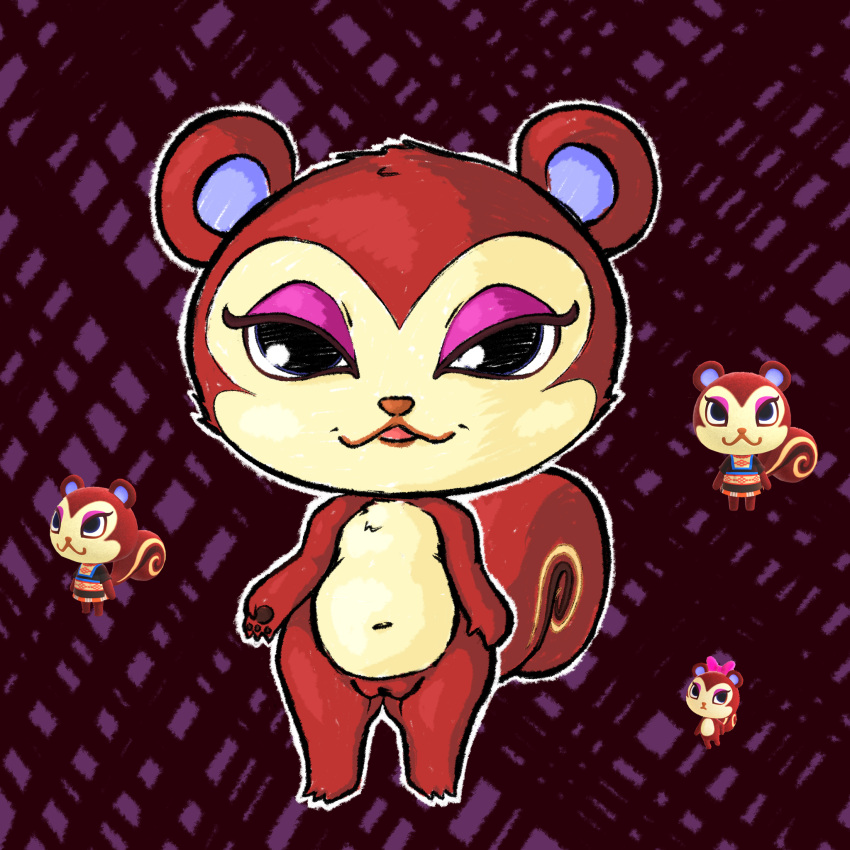 :3 abstract_background animal_crossing anthro chibi clothed clothing female genitals hi_res looking_at_viewer makeup mammal nintendo nude pecan_(animal_crossing) pussy rodent sciurid simski smile smirk solo video_games