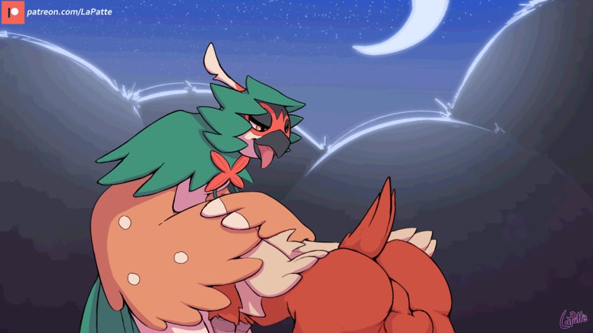 2d animated anthro ass avian balls beak blaziken crescent_moon decidueye duo feathers gay genitals gif lapatte male male/male male_blaziken male_only moon night nintendo pokemon pokemon_(species) sex tongue tongue_out video_games