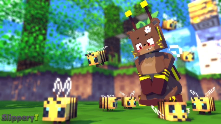 16:9 1girls 3d antennae armwear bear bee bee_(minecraft) bee_costume bee_wings beehive bell_collar belly bia_prowell_(slipperyt) big_breasts blush breasts brown_body character collar commission day detailed_background elbow_gloves eyelashes fangs female flower flower_in_hair gloves headgear headwear hi_res highres horny_female humanoid kneeling large_breasts living_plushie mine-imator minecraft mostly_nude navel open_mouth open_smile outdoors outside plushie pollen red_eyes slipperyt stinger striped_armwear striped_clothing striped_legwear stripes tagme teddy_bear teeth thighhighs thighs tree watermark wholesome wide_hips wings zipper