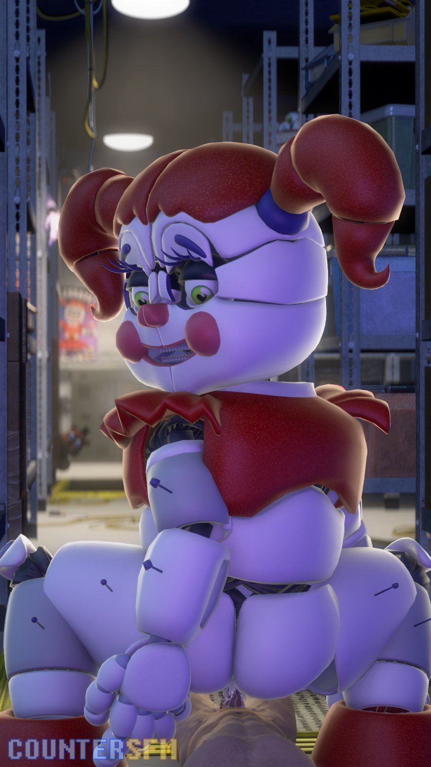 <3_eyes 3d animatronic baby_(fnafsl) bodily_fluids bottomless canon_appearance circus_baby circus_baby_(fnaf) circus_baby_(original) clothed clothing clown countersfm crouching cum cum_in_pussy cum_inside cumming duo ejaculation female five_nights_at_freddy's five_nights_at_freddy's:_sister_location full_color genital_fluids green_eyes hair heart hi_res human humanoid machine male male/female mammal on_bottom on_top penetration red_hair reverse_cowgirl_position robot sex size_difference vaginal_penetration video_games warehouse