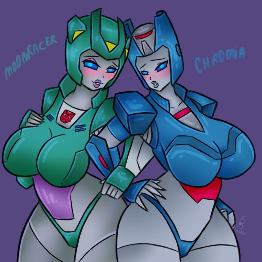 2girls alien_girl autobot blue_eyes bugzilla chromia female hand_on_hip moonracer multiple_girls robot_girl slightly_chubby thick_thighs transformers transformers_g1 voluptuous