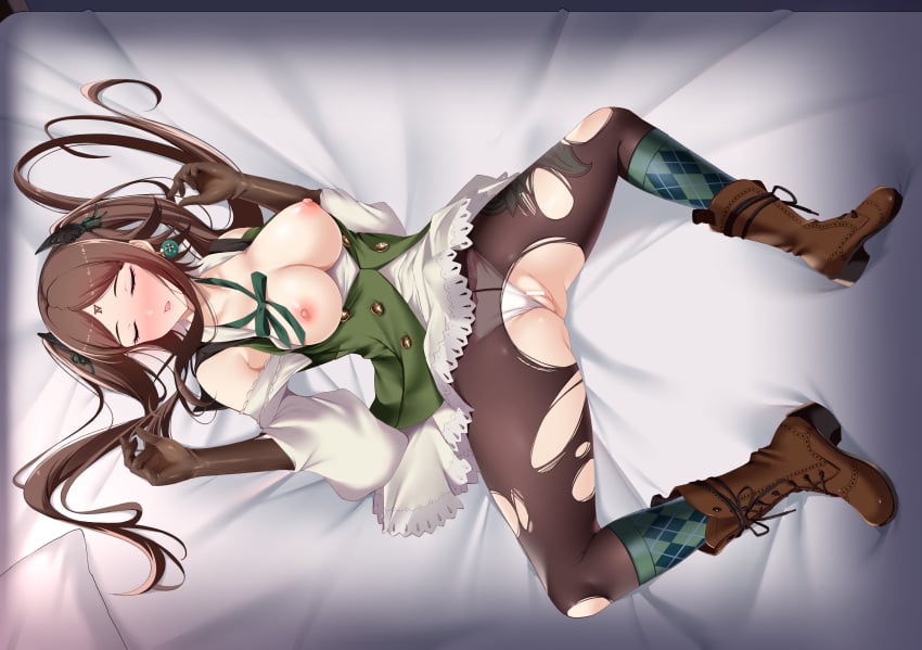 1girls armpit_crease blush boots breasts brown_hair censored censored_pussy closed_eyes drag-on_dragoon drag-on_dragoon_3 drakengard drakengard_3 four_(drag-on_dragoon) four_(drakengard) gloves kppless large_breasts on_back on_bed panties panties_aside panties_under_pantyhose sleeping socks speech_bubble torn_clothes torn_pantyhose white_panties