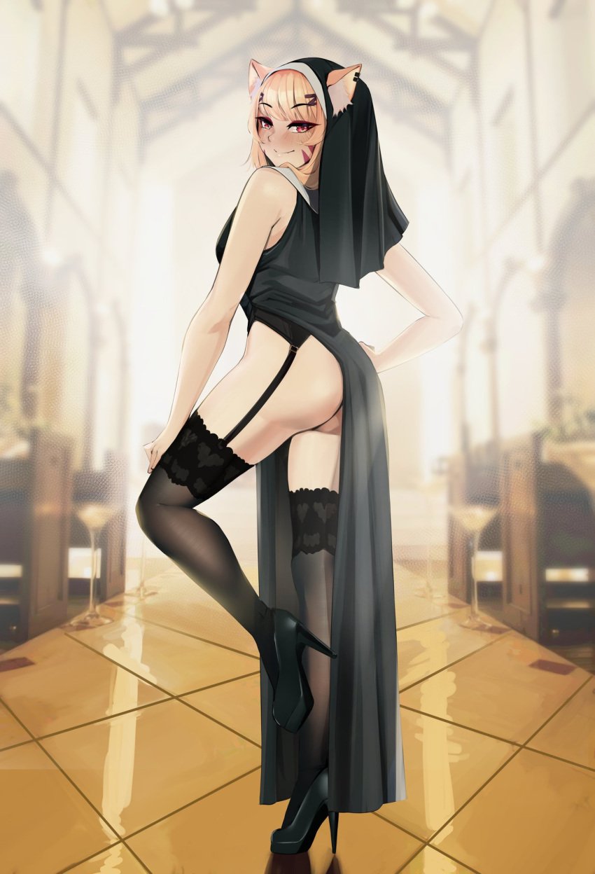 1girls ass blonde_hair cat_ears cat_tail catgirl dress face_markings female_only full_body high_heels nun_outfit pupi rain_prophet red_eyes solo squchan_(vtuber) standing standing_on_one_leg thighhighs virtual_youtuber vyugen