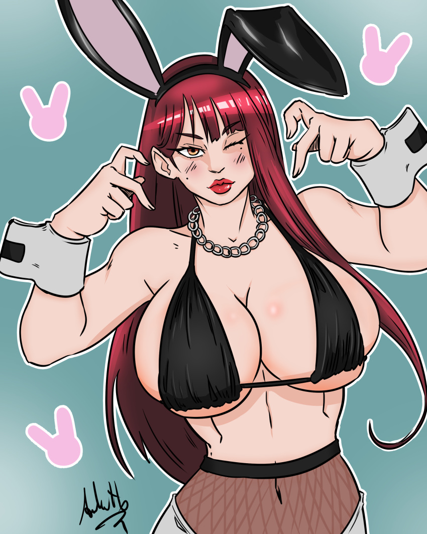 andrevotto big_breasts bra bunny bunny_costume bunny_ear bunny_ears bunny_girl bunnygirl bunnysuit busty clothed clothed_female costume ecchi long_hair original original_character original_characters red_hair small_bra tight_clothes tight_dress