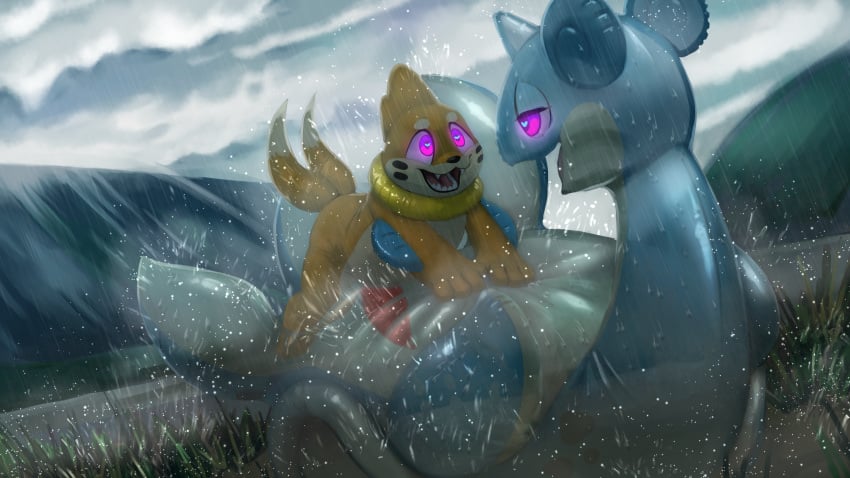 &lt;3_eyes 16:9 2023 4k absurd_res ambiguous_gender animate_inanimate anthro buizel detailed_background digital_drawing_(artwork) digital_media_(artwork) duo erection fangs fur generation_1_pokemon generation_4_pokemon genitals glowing glowing_eyes heart hi_res inflatable lapras living_inflatable male male/ambiguous mammal nintendo open_mouth orange_body orange_fur outside penis pokemon pokemon_(species) pool_toy raining sexotheque size_difference smile teeth water widescreen