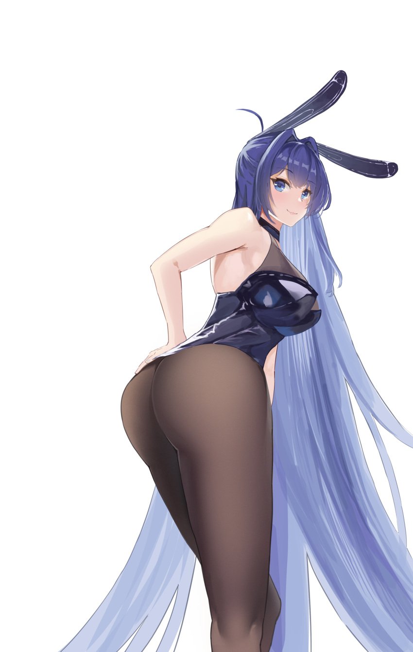 1girls 2021 24kchunshuai absurdres animal_ears armpits ass ass_focus azur_lane black_legwear blue_eyes blue_hair blue_leotard blush breasts closed_mouth cowboy_shot eyebrows_visible_through_hair fake_animal_ears female female female_focus female_only from_behind highres large_breasts leaning_forward leotard long_hair looking_at_viewer looking_back new_jersey_(azur_lane) new_jersey_(exhilarating_steps!)_(azur_lane) official_alternate_costume pantyhose playboy_bunny rabbit_ears simple_background sleeveless smile solo solo_female straight_hair very_long_hair white_background