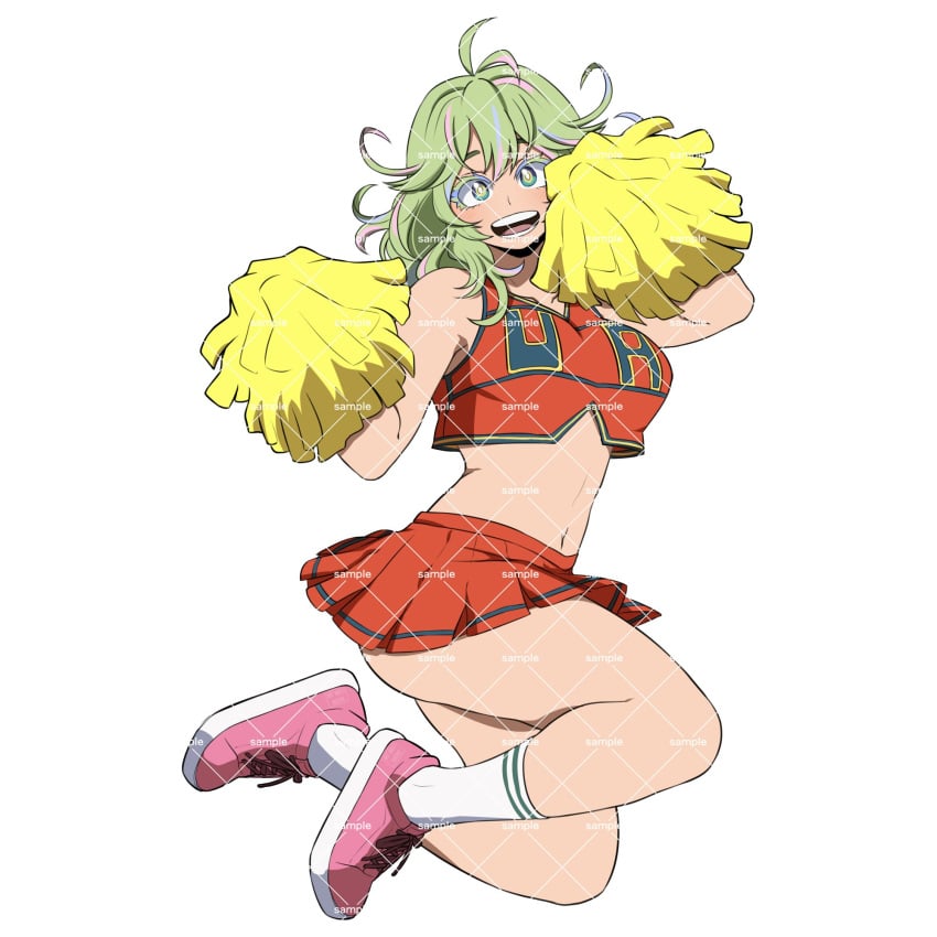 cheerleader cheerleader_uniform cute green_hair my_hero_academia pink_hair pink_shoes pom_poms tooru_hagakure tooru_hagakure_(visible) two_tone_eyes watermark