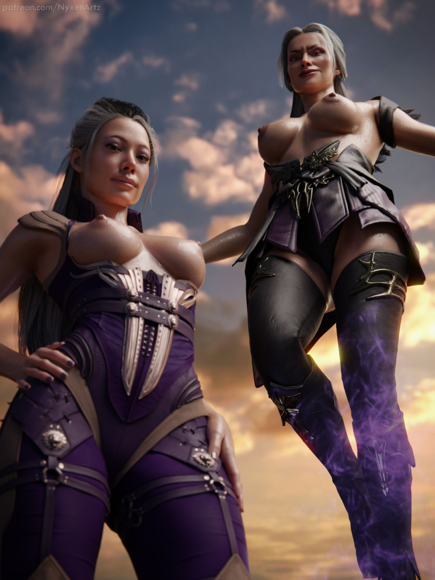 3d big_breasts half-dressed looking_at_viewer looking_down mortal_kombat mortal_kombat_11 mortal_kombat_1_(2023) nyxenartz sindel smile smiling_at_viewer sweat sweating topless