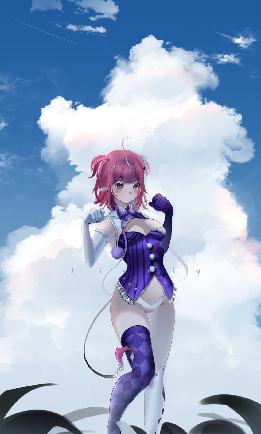 ahoge asymmetrical_legwear bangs blush bow breasts camila_(vtuber) cloud cloudy_sky day demon_girl demon_tail elbow_gloves female gloves horns indie_virtual_youtuber marking_below_eyes mismatched_legwear panties pink_hair pointy_ears purple_eyes short_hair sky smile solo tail thighhighs two_side_up underwear virtual_youtuber white_gloves