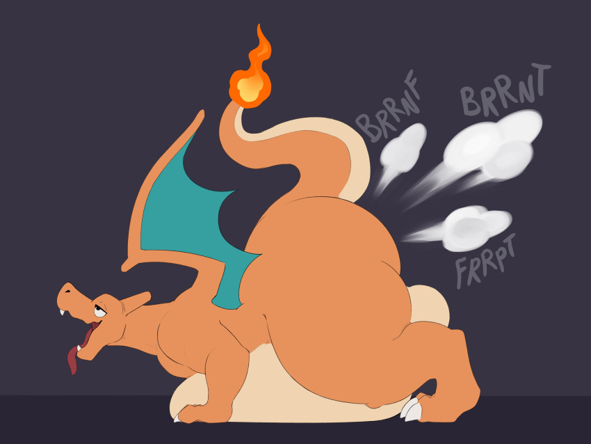 2023 4:3 absurd_res all_fours anthro ass ass_up barefoot belly big_belly big_butt bloated charizard claws colored digital_media_(artwork) dragon eye_roll fart fart_cloud fart_fetish feet fire flaming_tail floor generation_1_pokemon grey_background hi_res looking_pleasured looking_up lying male membrane_(anatomy) membranous_wings multicolored_body nintendo nude on_front on_ground open_mouth orange_body orange_tail passtheblast pokemon pokemon_(species) pupils raised_tail red_tongue scalie sharp_teeth simple_background solo tail teal_wings teeth thick_thighs tongue tongue_out two_tone_body two_tone_tail white_claws wings