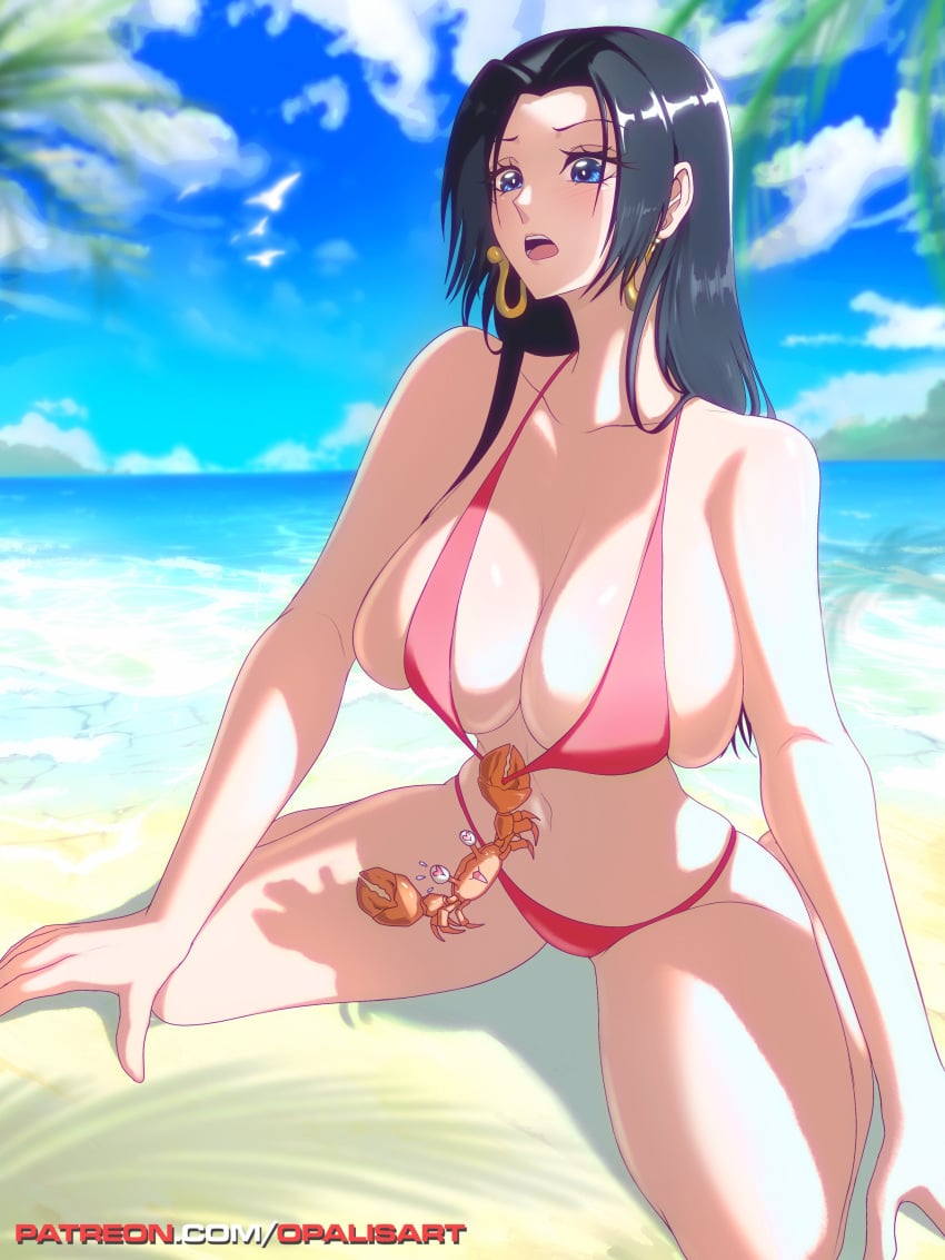 1girls bare_arms bare_legs bare_shoulders bare_thighs beach big_breasts bikini bikini_bottom bikini_top black_hair blue_eyes blush boa_hancock clothed clothing color female female_focus female_only hi_res jewelry kneeling large_breasts light-skinned_female light_skin long_hair looking_down on_knees one_piece opalisart open_mouth sand sea shounen_jump solo solo_female tagme thick_thighs tongue water