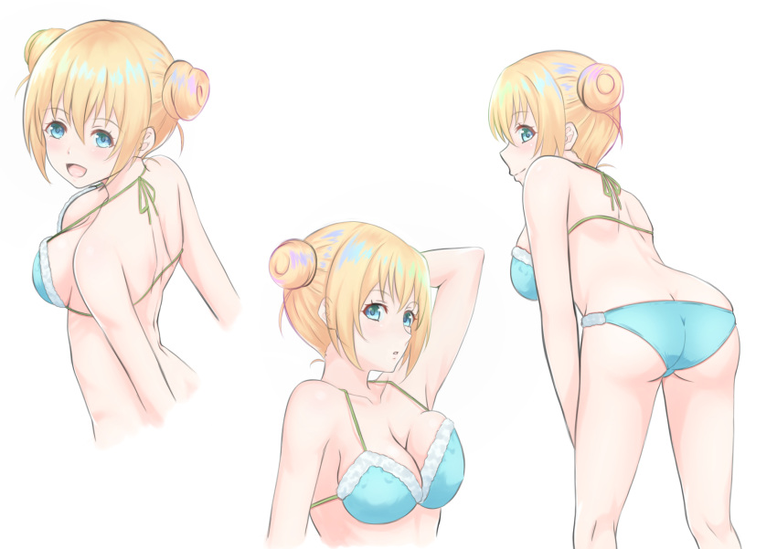 :d alternate_hairstyle arm_behind_head arm_up armpits ass bikini blend_s blonde_hair blue_bikini blue_eyes blush breasts closed_mouth collarbone commentary_request double_bun female hair_between_eyes hair_bun halterneck highres hinata_kaho kneepits large_breasts leaning_forward looking_at_viewer looking_back multiple_views open_mouth parted_lips profile short_hair smile standing swimsuit white_background