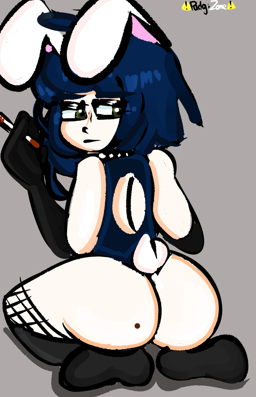 big_ass blue_hair bunnysuit femboy glaring glaring_at_viewer goth_boy mole_on_ass oc original_character pale-skinned_male pale_skin petite puddinpuddgi pudgi420 short_male simple_background smoking_cigarette toony twink