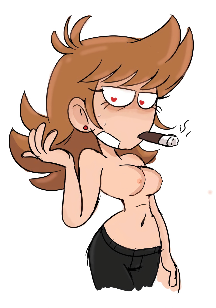 brown_hair cigar earrings eddsworld edit ellsworld heart-shaped_pupils hourglass_figure looking_at_viewer red_earrings sweating thin_waist topless tori_(eddsworld)