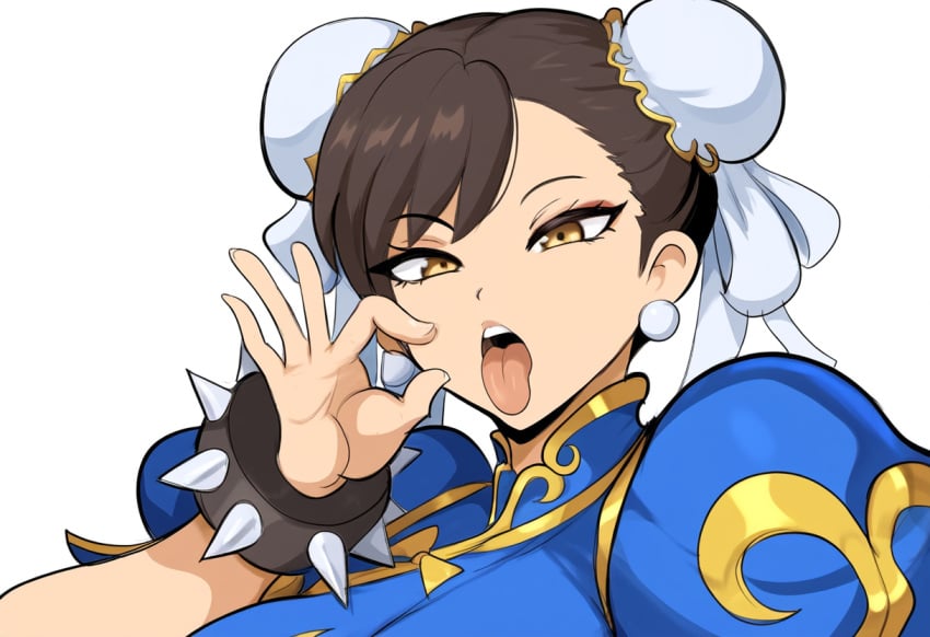 1girls ai_generated brown_hair chinese chinese_clothes chun-li facing_viewer fellatio_gesture female inviting_to_sex large_breasts looking_at_viewer mullon novelai open_mouth solo street_fighter suggestive suggestive_gesture tongue