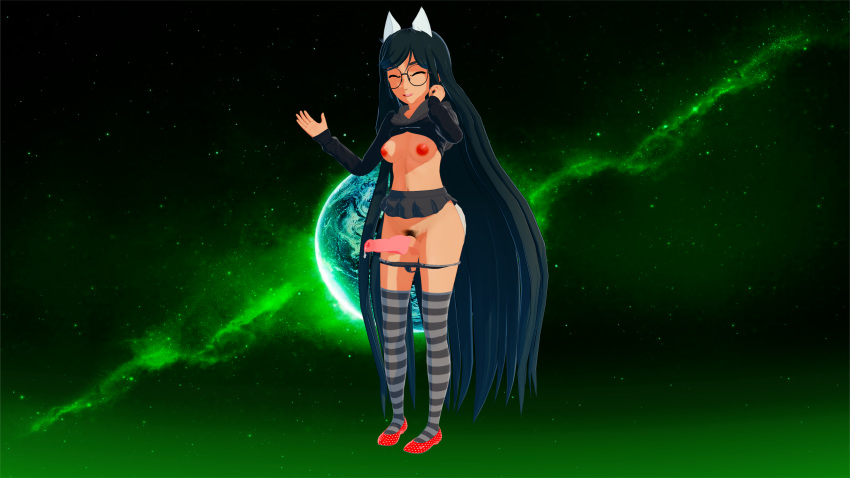 1futa 3d black_hair breasts breasts_out buckteeth butts69420 canine_penis clothing dark-skinned_female dark_skin dickgirl dog_ears dog_tail futa_only futanari glasses green_eyes high_res high_resolution highres homestuck illusion_soft jade_harley koikatsu long_hair looking_at_viewer ms_paint_adventures nipples no_bra open_mouth panties_down precum presenting pubes pubes_exposed shirt_lift shoes showing_off skirt solo thighhighs tongue_out v_sign