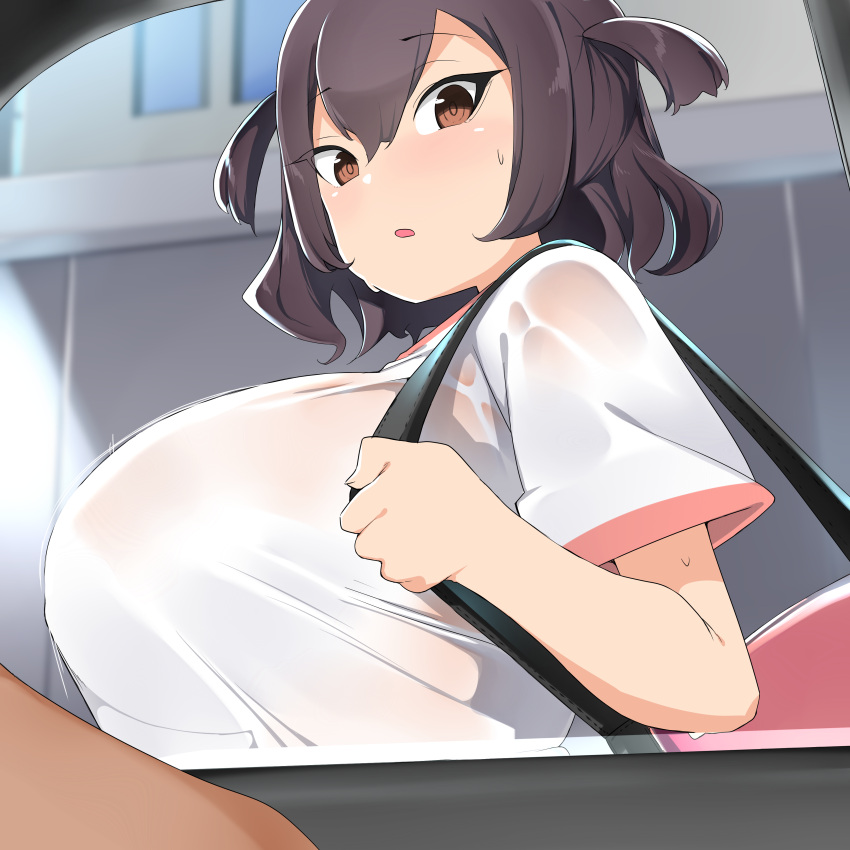 1boy 1girls amber_eyes bag blush breasts brown_eyes brown_hair car catcalling huge_breasts kanon-chan_(bebebe) large_breasts looking_at_viewer manabebebe open_mouth pigtails see-through shirt short_hair short_sleeves shortstack solo_focus straight sweat sweaty sweaty_body two_side_up wet wet_clothes white_shirt