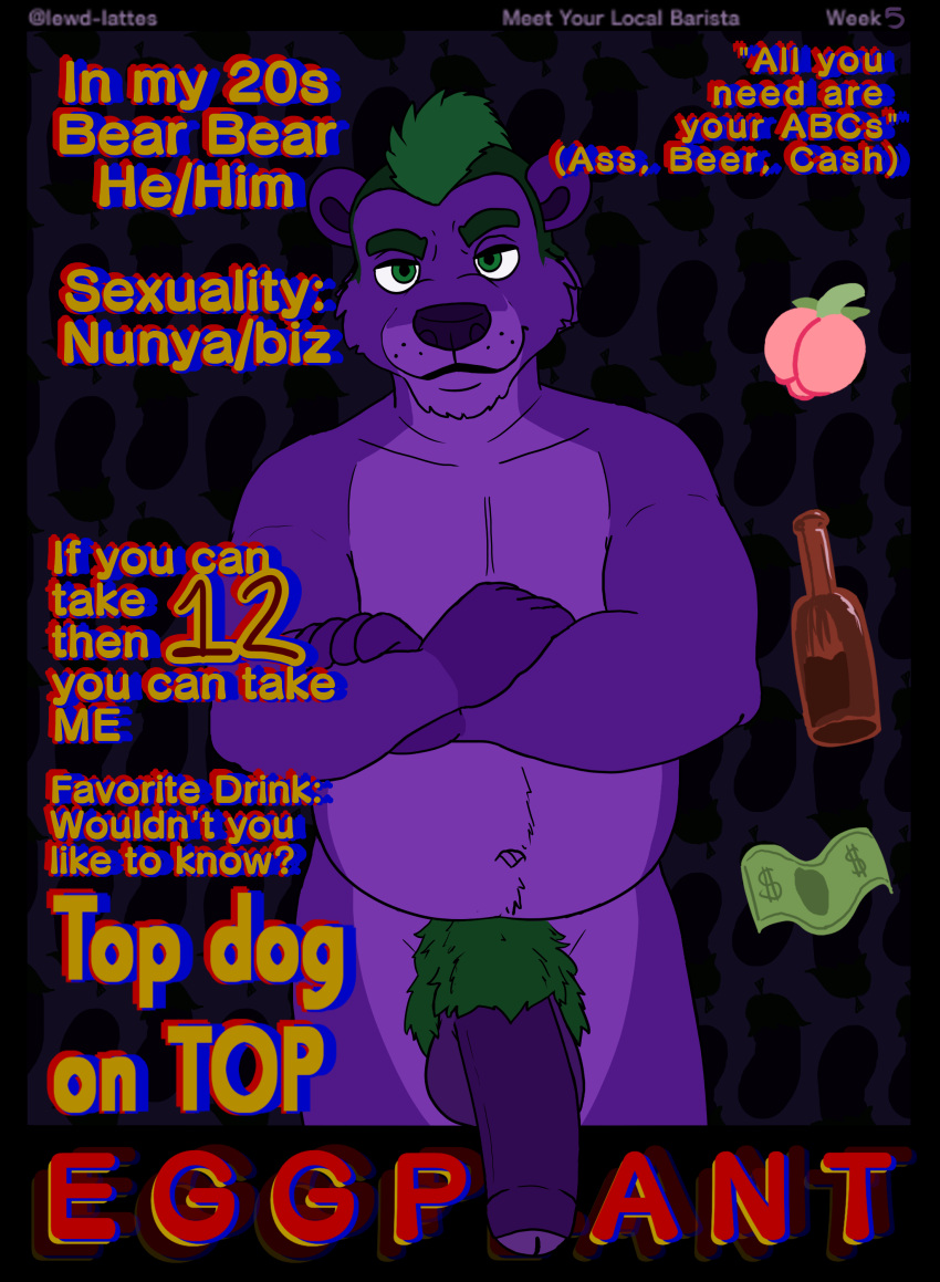 absurd_res alcohol anthro bear beer beer_bottle beverage bottle container crossed_arms emoji erection food foreskin fruit genitals green_eyes hi_res lewd_latte male mammal mohawk money peach_(fruit) penis plant smile smirk smug solo