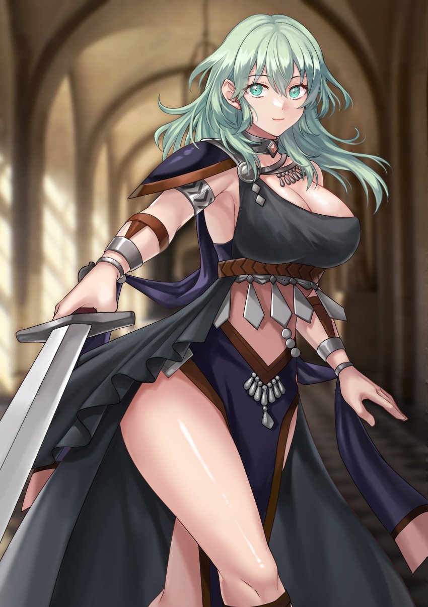 1girls absurdres alternate_costume armlet armor black_dress bracelet breasts byleth_(female)_(fire_emblem) byleth_(fire_emblem) byleth_(fire_emblem)_(female) cleavage commentary_request dancer_(three_houses) dress female female_only fire_emblem fire_emblem:_three_houses green_eyes green_hair hazuki_(nyorosuke) highres holding holding_sword holding_weapon indoors jewelry large_breasts long_hair looking_at_viewer nintendo shoulder_armor single-shoulder_dress smile solo standing sword thighs weapon