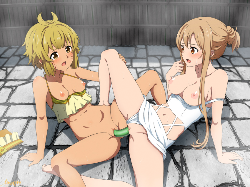 2girls argo_the_rat artist_name artist_signature belly blonde_hair blush breasts brown_eyes collarbone dark-skinned_female dark_skin feet female female_only hair_between_eyes hosaka_carina_tomo light-skinned_female light_skin long_hair looking_at_another multiple_girls mysteryctu navel nipples open_eyes open_mouth pussy pussy_juice sex sex_toy sex_toy_insertion shiny shiny_skin short_hair spread_legs sweat sword_art_online thick_thighs thighs tied_hair toes tongue vaginal_penetration whisker_markings whiskers yuri yuuki_asuna