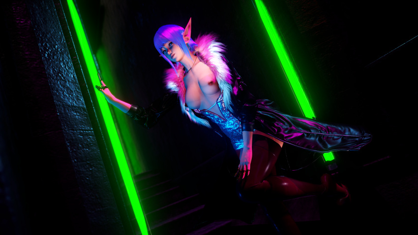 1girls 3d 3d_(artwork) 3dcg a_house_in_the_rift breasts breasts_out cyberpunk cyberpunk_2077 elf elf_ears elf_female elf_girl female female_focus fur fur_coat fur_collar lyriel neon neon_lights original original_art original_artwork original_character original_characters pinup public_nudity solo solo_female solo_focus video_game video_game_character video_games visual_novel vn