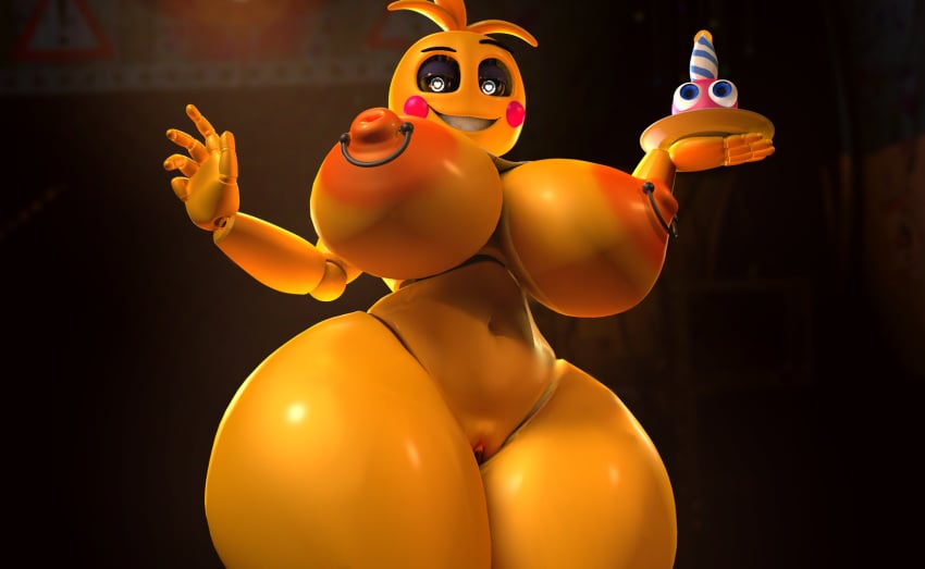 3d big_breasts c4d_max cupcake_(fnaf) five_nights_at_freddy's five_nights_at_freddy's_2 huge_breasts huge_toy_chica lovetaste_chica nipple_piercing sex_toy solo thick_thighs toy_chica_(fnaf) toy_chica_(love_taste) yellow_body