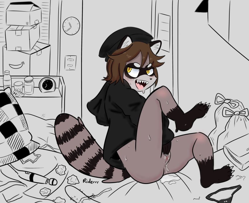 beanie blush blush_lines brown_hair claws feet furry hoodie messy_room pussy pussy_juice pussy_juice_drip raccoon riderrr riley_(riderrr) sharp_teeth small_pussy sweat sweatdrop sweating yellow_eyes