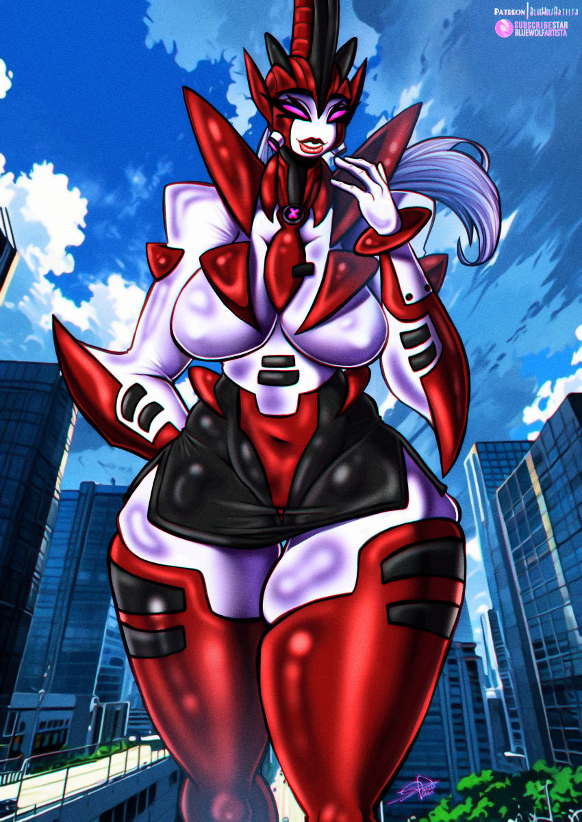 alien alien_girl alien_humanoid alternative_universe ben_10 ben_10_(classic) big_breasts big_butt big_woman bluewolfartista building chaquetrix hourglass_figure huge_breasts massive_breasts monster_girl pink_eyes ponytail rule_63 sexy short_skirt solo_female thick_thighs thigh_highs thighhighs to'kustar way_bad way_big white_skin wide_hips