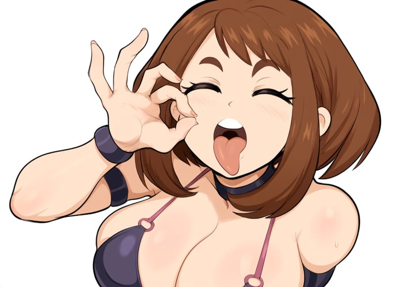 1girls ai_generated blowjob_face blowjob_gesture blush blush_lines brown_hair cleavage closed_eyes facing_viewer fellatio_gesture female inviting_to_sex large_breasts looking_at_viewer mullon my_hero_academia novelai ochako_uraraka open_mouth solo suggestive suggestive_gesture tongue tongue_out uraraka_ochako