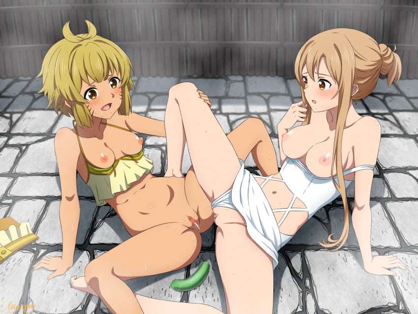 2girls after_sex after_vaginal argo_the_rat artist_name artist_signature belly blonde_hair blush breasts brown_eyes collarbone dark-skinned_female dark_skin drooling feet female female_only hair_between_eyes hosaka_carina_tomo light-skinned_female light_skin long_hair looking_at_another multiple_girls mysteryctu navel nipples open_eyes open_mouth pussy pussy_juice saliva sex_toy shiny shiny_skin short_hair spread_legs sweat sword_art_online thick_thighs thighs tied_hair toes tongue whisker_markings whiskers yuri yuuki_asuna