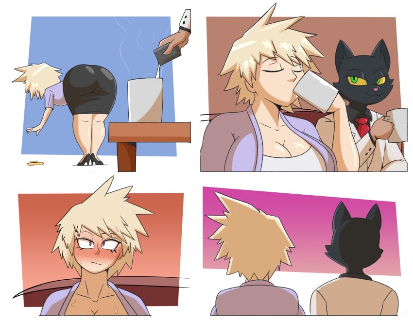 animal_head ass black_cat blush coffee dropped_object drugged drugging green_eyes heels immediate_sex large_ass large_breasts milf mitsuki_bakugou my_hero_academia oc original_character red_eyes smug spakka5 sweat white_suit