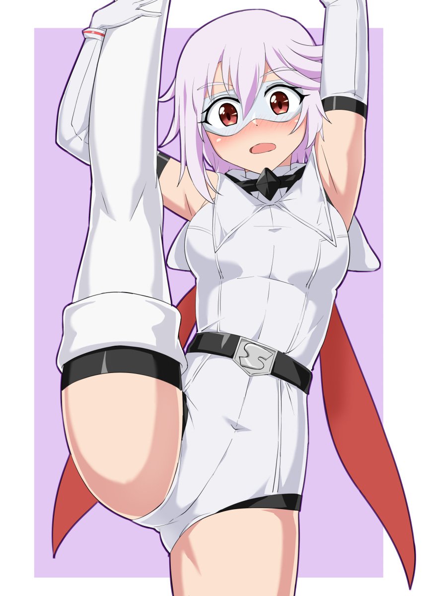 absurdres arms_up belt black_belt black_thighhighs blush breasts d: eye_mask female grey_hair grey_leotard grey_thighhighs hair_between_eyes highres leotard looking_at_viewer medium_breasts open_mouth pink_background red_eyes rururu_ichigo short_hair shy_(character) shy_(series) solo split standing standing_on_one_leg standing_split thighhighs white_background