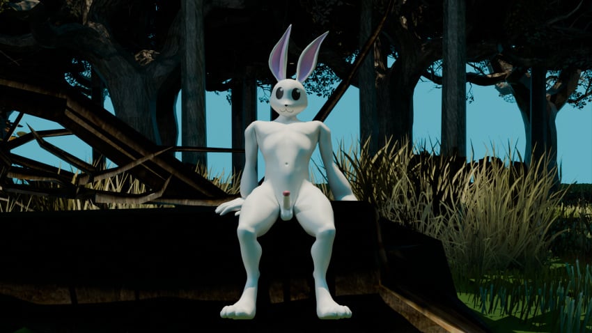 3d_(artwork) animal_humanoid anthro balls digital_media_(artwork) erection forest fur genitals grass hi_res humanoid lagomorph lagomorph_dude lagomorph_humanoid leporid looking_at_viewer male mammal mammal_humanoid nude penis plant rabbit simple_face sitting sitting_on_tree smile solo tree white_body white_fur