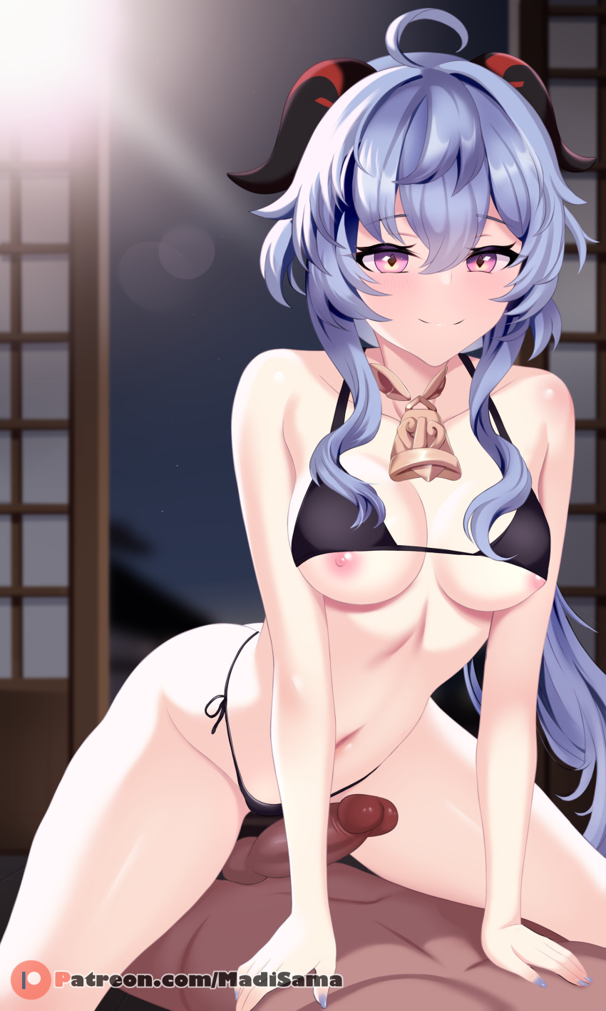 1boy 1girls ahoge bangs bare_shoulders bikini black_bikini blue_hair blush breasts cleavage cowgirl_position dark-skinned_male dark_skin erection eyebrows_visible_through_hair female ganyu_(genshin_impact) genshin_impact hair_between_eyes handjob heart hoyoverse jewelry large_breasts light-skinned_female light_skin long_hair looking_at_viewer madisama(tyam) mihoyo navel nipples patreon_username penis purple_eyes smile solo_focus straddling straight swimsuit testicles