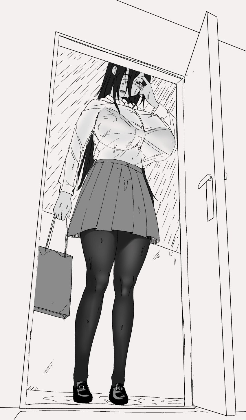 big_breasts black_hair breasts female female_focus female_only giantess mini_giantess nipple_bulge nobro open_door original original_character rain raining solo solo_female solo_focus tall_female tall_girl tall_woman wet_clothes