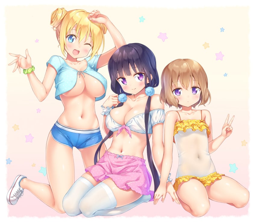 3girls ;d alternate_breast_size arm_up bare_legs bare_shoulders black_hair blend_s blonde_hair blue_eyes blush breasts brown_hair closed_mouth collarbone commentary covered_navel dolphin_shorts double_bun flat_chest frilled_one-piece_swimsuit frills front-tie_top green_scrunchie hair_bobbles hair_bun hair_ornament hand_up highres hinata_kaho hoshikawa_mafuyu kazuma_(kazumav) kneeling large_breasts legs_together long_hair looking_at_viewer low_twintails micro_shorts midriff multiple_girls navel no_socks one-piece_swimsuit one_eye_closed open_mouth pink_skirt purple_eyes sakuranomiya_maika scrunchie see-through see-through_swimsuit seiza shiny_skin shoes short_hair short_shorts shorts sidelocks sitting skirt smile sneakers star_(symbol) starry_background swimsuit tareme teeth thighhighs thighs tsurime twintails underboob v very_long_hair white_footwear white_thighhighs wrist_scrunchie