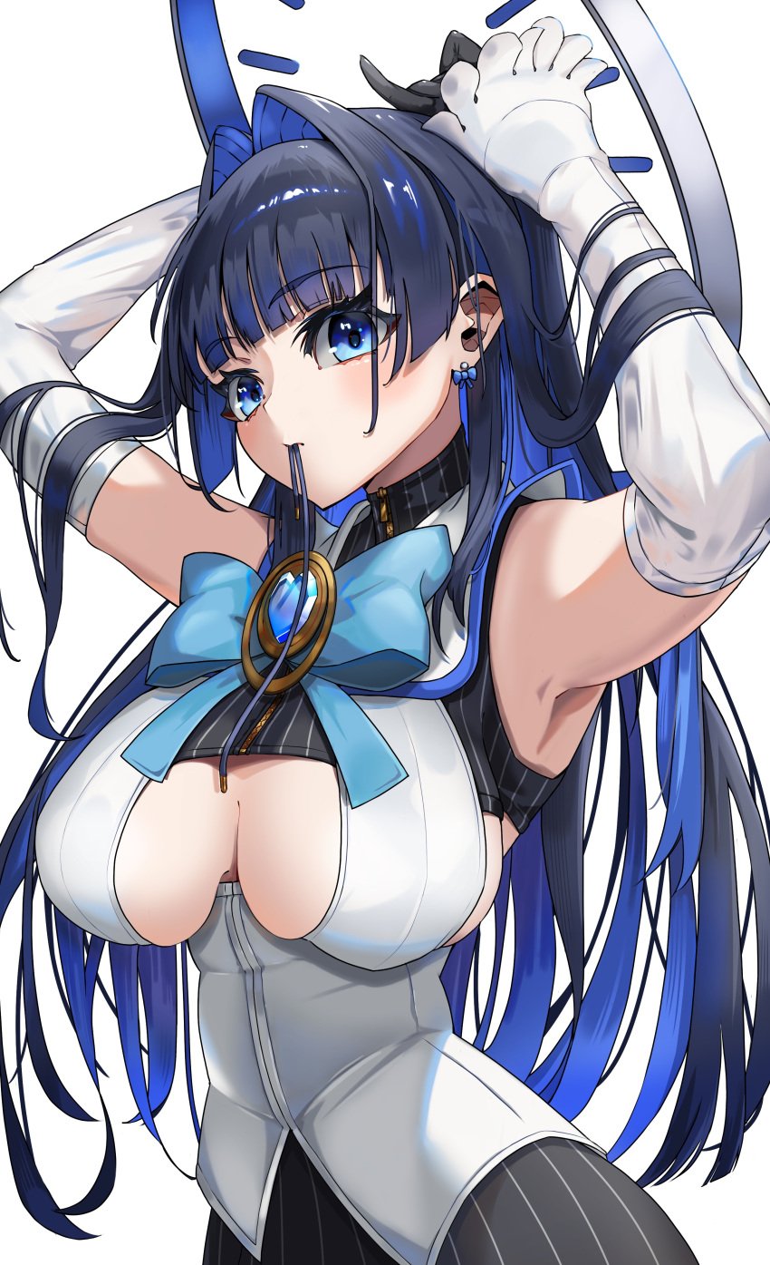 big_breasts blue_eyes blue_hair breasts cleavage female gloves h4kuuua_0 hololive hololive_english hololive_english_-council- hololive_english_-promise- huge_breasts large_breasts ouro_kronii short short_hair solo underboob virtual_youtuber