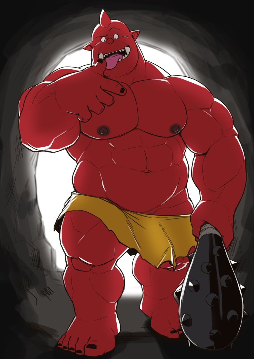 bara black_nipples cave cave_background erect_penis erection fangs fangs_out horn japanese_mythology loincloth loincloth_only male male_only muscular muscular_arms muscular_legs muscular_male muscular_thighs ogre oni otsukimi red_body red_oni red_skin tongue tongue_out yellow_clothing