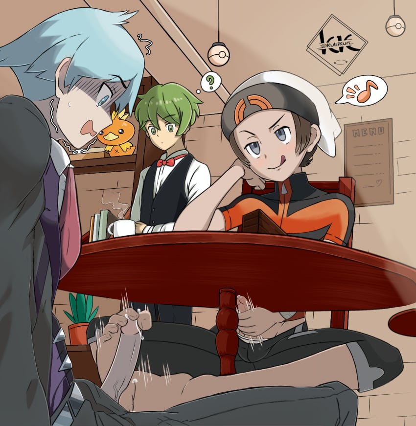 2boys 3boys brendan_(pokemon) brendan_(pokemon_oras) footjob gay gay_footjob gay_male gay_sex kubikun male male_only pokemon pokemon_oras pokemon_rse public_indecency public_masturbation skinny stealth_footjob stealth_sex steven_stone_(pokemon) under_the_table waiter yaoi young