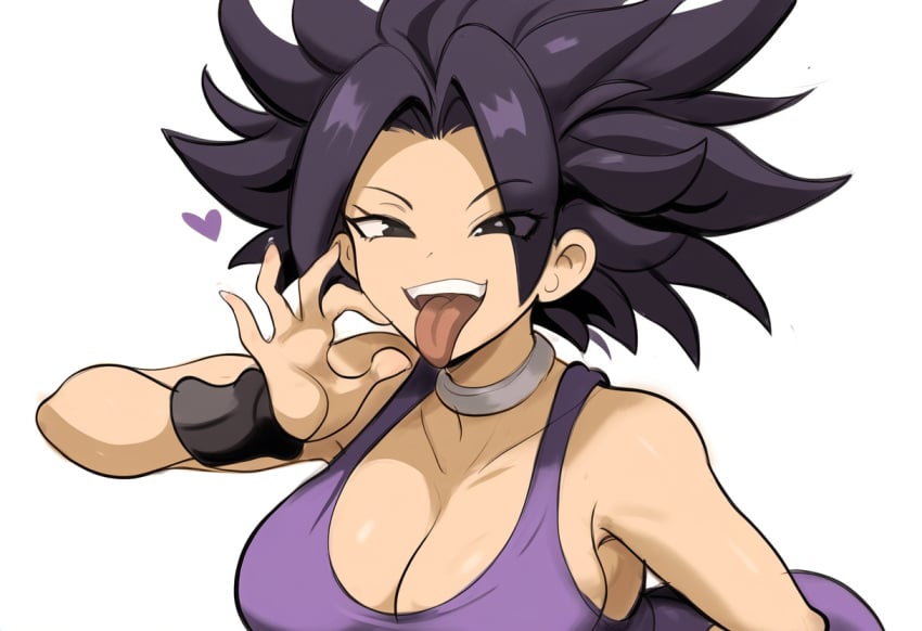 1girls ai_generated alien alien_girl black_hair caulifla dragon_ball dragon_ball_super facing_viewer fellatio_gesture female inviting_to_sex large_breasts looking_at_viewer mullon novelai open_mouth saiyan solo suggestive suggestive_gesture tongue