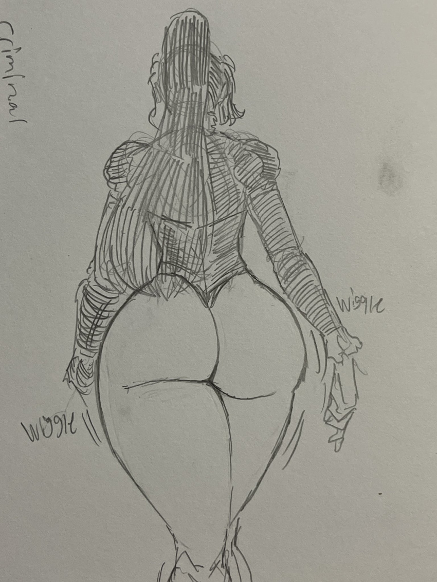 1girls ass back_view dat_ass dumptruck_ass fat_ass female female_only humble_shark ichiyo oc original_character ponytail traditional_media_(artwork) wiggle_lines