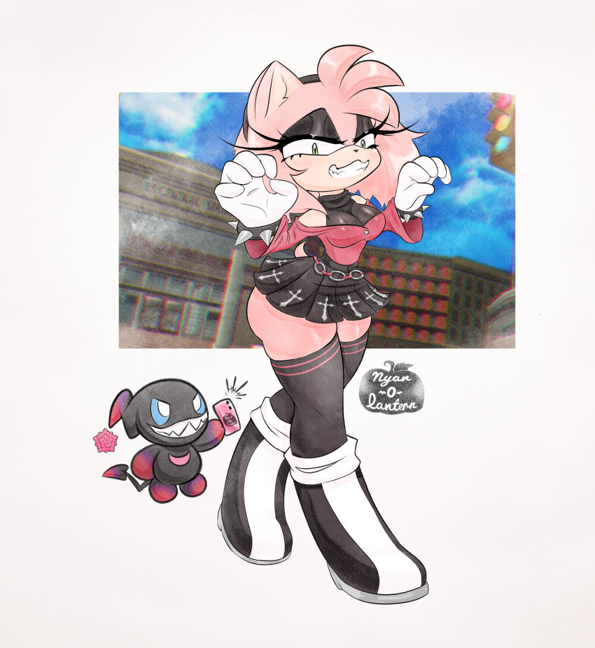 amy_rose ass ass ass_out ass_visible_through_clothes big_ass big_breasts big_breasts big_butt big_thighs boots breasts breasts chao_(sonic) dark_chao goth huge_ass implied_nopan large_ass large_butt large_thighs mall_goth miniskirt no_panties no_panties_under_skirt nyan_o_lantern(artist) sheer short_skirt skirt slim_waist small_waist smug sonic_(series) sonic_the_hedgehog_(series) spiked_bracelet spikes taking_picture thigh_highs tiny_skirt tiny_waist upskirt_photo wide_ass wide_thighs