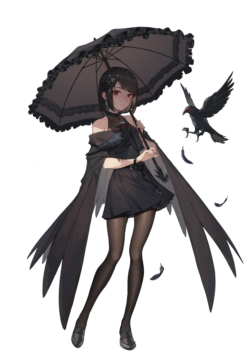 1girls bare_shoulders bird birds black_cloak black_clothing black_hair black_legwear black_skirt cloak clothed clothes clothing crow dark_hair feather feathers female girl goth holding_parasol holding_umbrella image kushima_rei looking_at_viewer looking_to_the_side nonude pale-skinned_female pale_skin pantyhose parasol raven_(bird) red_eyes sfw shoes short_hair short_skirt simple_background skirt solo solo_female transparent_clothing umbrella white_background