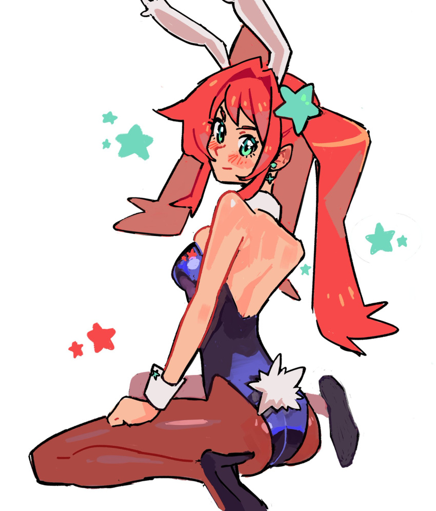 accessory ass ass_focus back blush breasts bunny_ears bunny_tail bunnysuit green_eyes kaatokunart looking_at_viewer looking_back lyra_(kaatokunart) oc orange_hair smile star thighs twintails